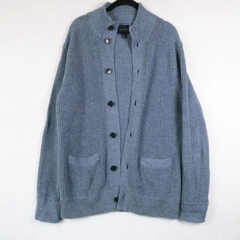J.Crew Cotton Button Front Cardigan Size M High Mock Neck Blue Knit Reimagined